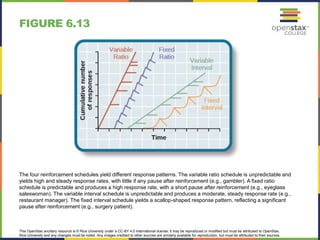 This OpenStax ancillary resource is © Rice University under a CC-BY 4.0 International license; it may be reproduced or modified but must be attributed to OpenStax,
Rice University and any changes must be noted. Any images credited to other sources are similarly available for reproduction, but must be attributed to their sources.
The four reinforcement schedules yield different response patterns. The variable ratio schedule is unpredictable and
yields high and steady response rates, with little if any pause after reinforcement (e.g., gambler). A fixed ratio
schedule is predictable and produces a high response rate, with a short pause after reinforcement (e.g., eyeglass
saleswoman). The variable interval schedule is unpredictable and produces a moderate, steady response rate (e.g.,
restaurant manager). The fixed interval schedule yields a scallop-shaped response pattern, reflecting a significant
pause after reinforcement (e.g., surgery patient).
FIGURE 6.13
 