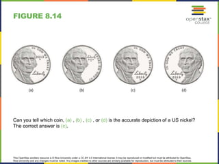 This OpenStax ancillary resource is © Rice University under a CC-BY 4.0 International license; it may be reproduced or modified but must be attributed to OpenStax,
Rice University and any changes must be noted. Any images credited to other sources are similarly available for reproduction, but must be attributed to their sources.
Can you tell which coin, (a) , (b) , (c) , or (d) is the accurate depiction of a US nickel?
The correct answer is (c).
FIGURE 8.14
 