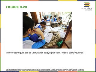 This OpenStax ancillary resource is © Rice University under a CC-BY 4.0 International license; it may be reproduced or modified but must be attributed to OpenStax,
Rice University and any changes must be noted. Any images credited to other sources are similarly available for reproduction, but must be attributed to their sources.
Memory techniques can be useful when studying for class. (credit: Barry Pousman)
FIGURE 8.20
 