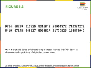This OpenStax ancillary resource is © Rice University under a CC-BY 4.0 International license; it may be reproduced or modified but must be attributed to OpenStax,
Rice University and any changes must be noted. Any images credited to other sources are similarly available for reproduction, but must be attributed to their sources.
Work through this series of numbers using the recall exercise explained above to
determine the longest string of digits that you can store.
FIGURE 8.6
 