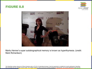 This OpenStax ancillary resource is © Rice University under a CC-BY 4.0 International license; it may be reproduced or modified but must be attributed to OpenStax,
Rice University and any changes must be noted. Any images credited to other sources are similarly available for reproduction, but must be attributed to their sources.
Marilu Henner’s super autobiographical memory is known as hyperthymesia. (credit:
Mark Richardson)
FIGURE 8.8
 