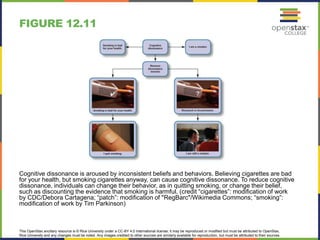 This OpenStax ancillary resource is © Rice University under a CC-BY 4.0 International license; it may be reproduced or modified but must be attributed to OpenStax,
Rice University and any changes must be noted. Any images credited to other sources are similarly available for reproduction, but must be attributed to their sources.
Cognitive dissonance is aroused by inconsistent beliefs and behaviors. Believing cigarettes are bad
for your health, but smoking cigarettes anyway, can cause cognitive dissonance. To reduce cognitive
dissonance, individuals can change their behavior, as in quitting smoking, or change their belief,
such as discounting the evidence that smoking is harmful. (credit “cigarettes”: modification of work
by CDC/Debora Cartagena; “patch”: modification of "RegBarc"/Wikimedia Commons; “smoking”:
modification of work by Tim Parkinson)
FIGURE 12.11
 