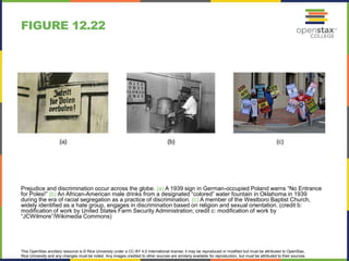 This OpenStax ancillary resource is © Rice University under a CC-BY 4.0 International license; it may be reproduced or modified but must be attributed to OpenStax,
Rice University and any changes must be noted. Any images credited to other sources are similarly available for reproduction, but must be attributed to their sources.
Prejudice and discrimination occur across the globe. (a) A 1939 sign in German-occupied Poland warns “No Entrance
for Poles!” (b) An African-American male drinks from a designated “colored” water fountain in Oklahoma in 1939
during the era of racial segregation as a practice of discrimination. (c) A member of the Westboro Baptist Church,
widely identified as a hate group, engages in discrimination based on religion and sexual orientation. (credit b:
modification of work by United States Farm Security Administration; credit c: modification of work by
“JCWilmore”/Wikimedia Commons)
FIGURE 12.22
 