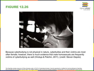 This OpenStax ancillary resource is © Rice University under a CC-BY 4.0 International license; it may be reproduced or modified but must be attributed to OpenStax,
Rice University and any changes must be noted. Any images credited to other sources are similarly available for reproduction, but must be attributed to their sources.
Because cyberbullying is not physical in nature, cyberbullies and their victims are most
often female; however, there is much evidence that male homosexuals are frequently
victims of cyberbullying as well (Hinduja & Patchin, 2011). (credit: Steven Depolo)
FIGURE 12.26
 