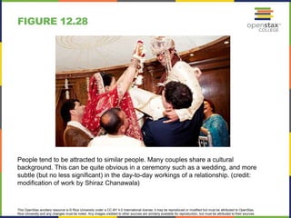 This OpenStax ancillary resource is © Rice University under a CC-BY 4.0 International license; it may be reproduced or modified but must be attributed to OpenStax,
Rice University and any changes must be noted. Any images credited to other sources are similarly available for reproduction, but must be attributed to their sources.
People tend to be attracted to similar people. Many couples share a cultural
background. This can be quite obvious in a ceremony such as a wedding, and more
subtle (but no less significant) in the day-to-day workings of a relationship. (credit:
modification of work by Shiraz Chanawala)
FIGURE 12.28
 