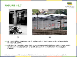This OpenStax ancillary resource is © Rice University under a CC-BY 4.0 International license; it may be reproduced or modified but must be attributed to OpenStax,
Rice University and any changes must be noted. Any images credited to other sources are similarly available for reproduction, but must be attributed to their sources.
(a) Of the homeless individuals in U.S. shelters, about one-quarter have a severe mental
illness (HUD, 2011).
(b) Correctional institutions also report a high number of individuals living with mental illness.
(credit a: modification of work by C.G.P. Grey; credit b: modification of work by Bart
Everson)
FIGURE 16.7
 
