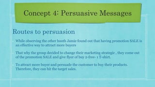 Routes to persuasion
While observing the other booth Jamie found out that having promotion SALE is
an effective way to attract more buyers
That why the group decided to change their marketing strategic , they come out
of the promotion SALE and give flyer of buy 2-free- 1 T-shirt.
To attract more buyer and persuade the customer to buy their products.
Therefore, they can hit the target sales.
Concept 4: Persuasive Messages
 