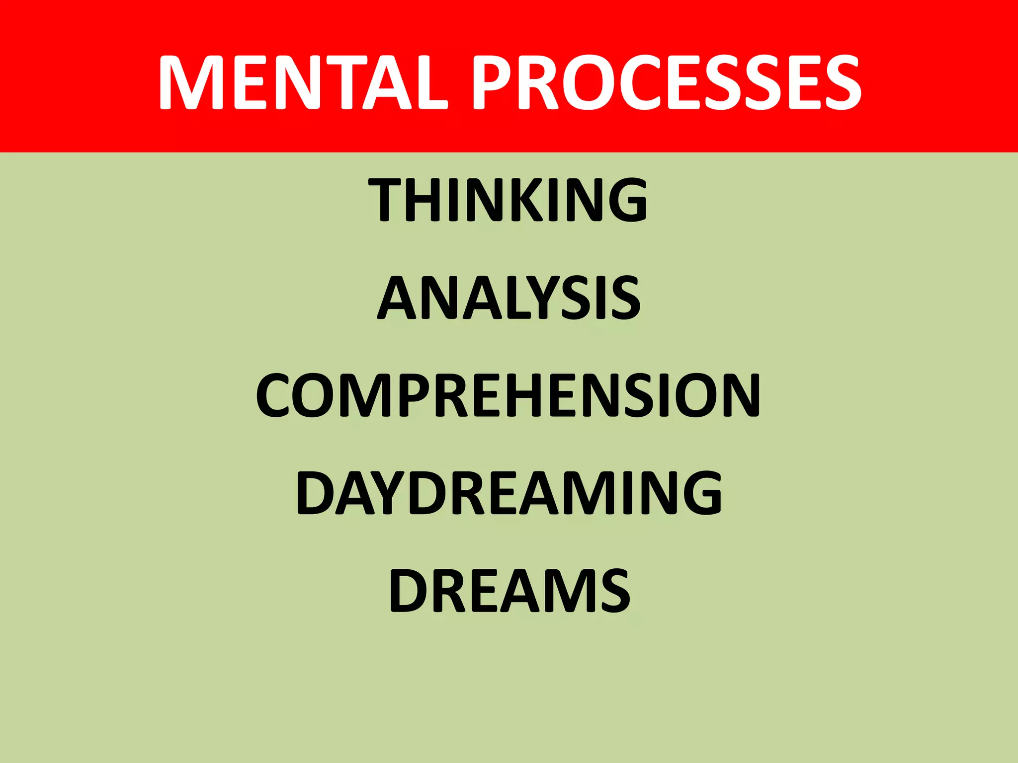 MENTAL PROCESSES
THINKING
ANALYSIS
COMPREHENSION
DAYDREAMING
DREAMS
 
