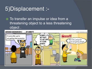 5)Displacement :-
 To transfer an impulse or idea from a
threatening object to a less threatening
object .
 