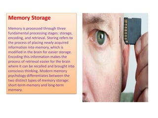 Memory Storage
Memory is processed through three
fundamental processing stages: storage,
encoding, and retrieval. Storing refers to
the process of placing newly acquired
information into memory, which is
modified in the brain for easier storage.
Encoding this information makes the
process of retrieval easier for the brain
where it can be recalled and brought into
conscious thinking. Modern memory
psychology differentiates between the
two distinct types of memory storage:
short-term memory and long-term
memory.
 