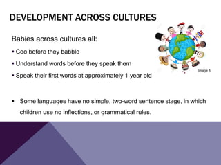 DEVELOPMENT ACROSS CULTURES
Babies across cultures all:
 Coo before they babble
 Understand words before they speak them
 Speak their first words at approximately 1 year old
 Some languages have no simple, two-word sentence stage, in which
children use no inflections, or grammatical rules.
Image 8
 