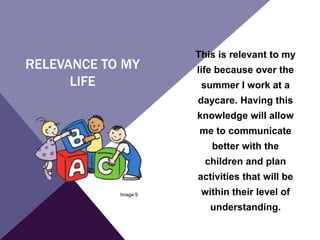 RELEVANCE TO MY
LIFE
This is relevant to my
life because over the
summer I work at a
daycare. Having this
knowledge will allow
me to communicate
better with the
children and plan
activities that will be
within their level of
understanding.
Image 9
 