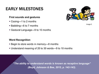 EARLY MILESTONES
First sounds and gestures
 Cooing—1 to 2 months
 Babbling—6 to 7 months
 Gestural Language—9 to 10 months
Word Recognition
 Begin to store words in memory—8 months
 Understand meaning of 20 to 30 words—9 to 10 months
“The ability to understand words is known as receptive language”
(Boyd, Johnson & Bee, 2015, p. 142-143).
Image 5
 