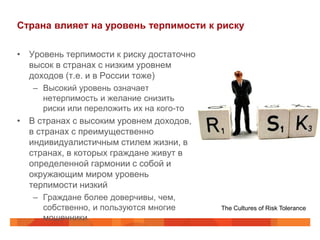 Страна влияет на уровень терпимости к риску

• Уровень терпимости к риску достаточно
  высок в странах с низким уровнем
  доходов (т.е. и в России тоже)
   – Высокий уровень означает
     нетерпимость и желание снизить
     риски или переложить их на кого-то
• В странах с высоким уровнем доходов,
  в странах с преимущественно
  индивидуалистичным стилем жизни, в
  странах, в которых граждане живут в
  определенной гармонии с собой и
  окружающим миром уровень
  терпимости низкий
   – Граждане более доверчивы, чем,
     собственно, и пользуются многие      The Cultures of Risk Tolerance
     мошенники
 