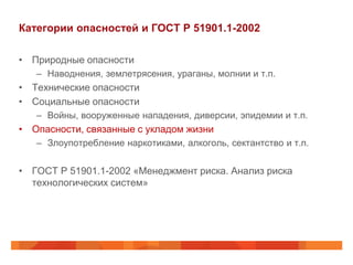 Категории опасностей и ГОСТ Р 51901.1-2002

• Природные опасности
   – Наводнения, землетрясения, ураганы, молнии и т.п.
• Технические опасности
• Социальные опасности
   – Войны, вооруженные нападения, диверсии, эпидемии и т.п.
• Опасности, связанные с укладом жизни
   – Злоупотребление наркотиками, алкоголь, сектантство и т.п.


• ГОСТ Р 51901.1-2002 «Менеджмент риска. Анализ риска
  технологических систем»
 