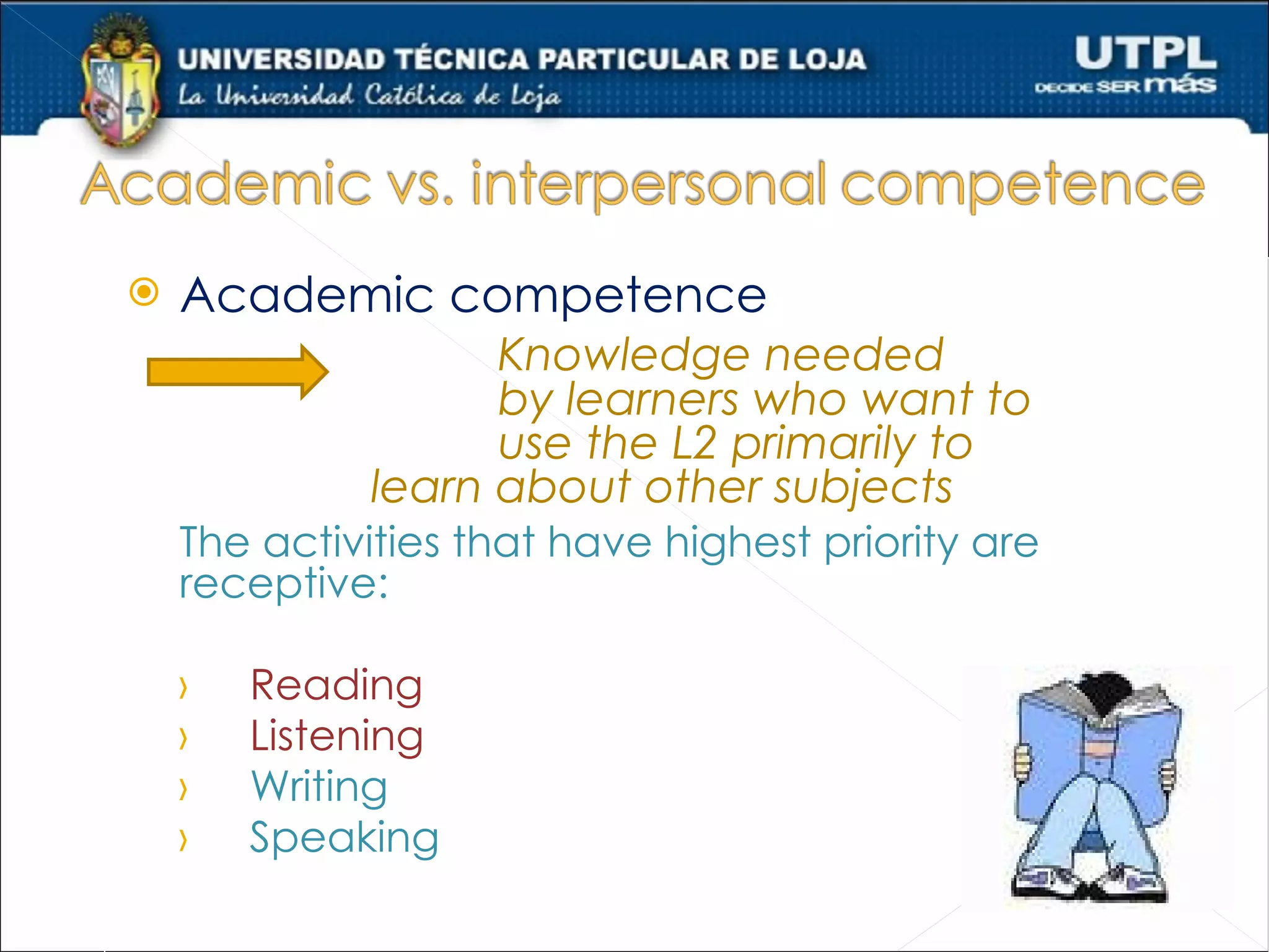    Academic competence
                    Knowledge needed
                    by learners who want to
                    use the L2 primarily to
              learn about other subjects
    The activities that have highest priority are
    receptive:

    ›   Reading
    ›   Listening
    ›   Writing
    ›   Speaking
 