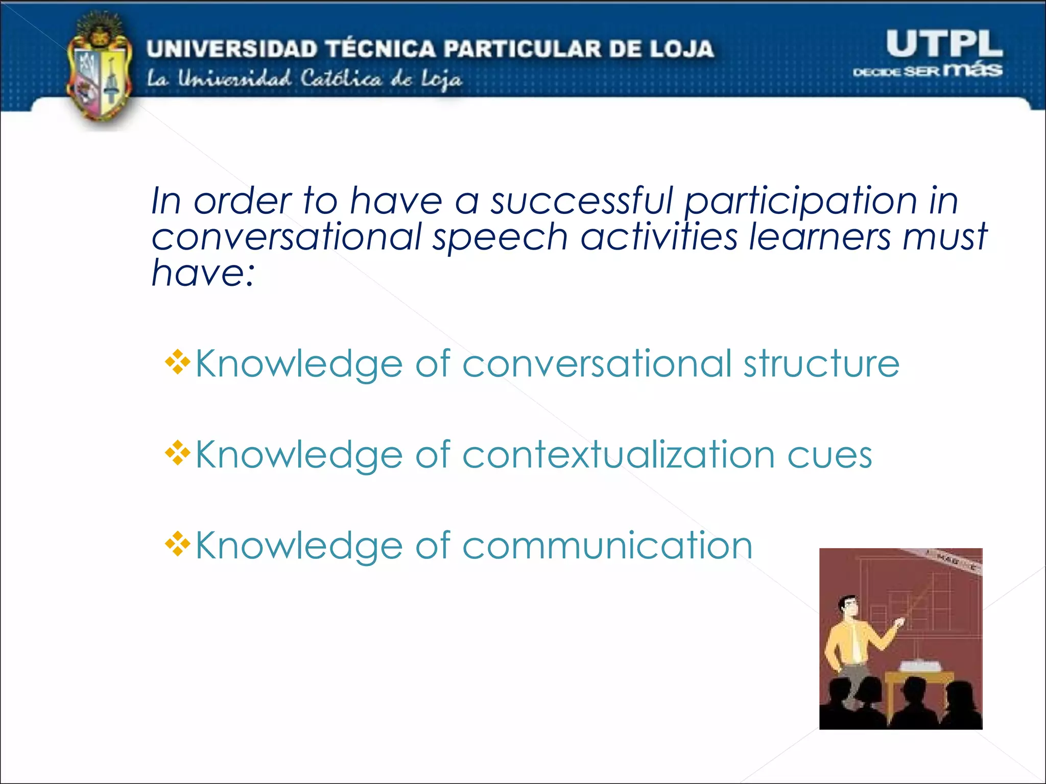 In order to have a successful participation in
conversational speech activities learners must
have:

Knowledge of conversational structure

Knowledge of contextualization cues

Knowledge of communication
 