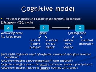 Cognitive modelCognitive model
 Irrational thoughts and beliefs cause abnormal behaviours.Irrational thoughts and beliefs cause abnormal behaviours.
Ellis (1991) – ‘ABC’ modelEllis (1991) – ‘ABC’ model
Activating eventActivating event BeliefBelief ConsequenceConsequence
Eg. Failed examEg. Failed exam
rational irrationalrational irrational rationalrational irrationalirrational
““I didn’t “I’m tooI didn’t “I’m too moremore depressiondepression
prepare” stupid”prepare” stupid” revisionrevision
Beck (1963) ‘cognitive triad’ of negative, automatic thoughts linked toBeck (1963) ‘cognitive triad’ of negative, automatic thoughts linked to
depression:depression:
Negative thoughts aboutNegative thoughts about themselvesthemselves (“I cant succeed”)(“I cant succeed”)
Negative thoughts about theNegative thoughts about the worldworld (‘succession makes a good person’)(‘succession makes a good person’)
Negative thoughts about theNegative thoughts about the futurefuture (“nothing will change”)(“nothing will change”)
AA BB CC
 