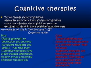 Cognitive therapiesCognitive therapies
 Try to change faulty cognitions:Try to change faulty cognitions:
-therapist and client identify faulty cognitions-therapist and client identify faulty cognitions
-work out whether the cognitions are true-work out whether the cognitions are true
-set goals to think in more positive/ adaptive ways-set goals to think in more positive/ adaptive ways
An example of this is Meichenbaum’s SITAn example of this is Meichenbaum’s SIT
Cognitive modelCognitive model
ProsPros ConsCons
-Useful approach to-Useful approach to -Faulty cognitions may-Faulty cognitions may
depression and anorexiadepression and anorexia simply be the consequencesimply be the consequence
(considers thoughts and(considers thoughts and of a disorder rather thanof a disorder rather than
beliefs – role they play)beliefs – role they play) it’s causeit’s cause
-Cognitive therapies have-Cognitive therapies have -Cognitive therapies are-Cognitive therapies are
often treated depression,often treated depression, time consuming andtime consuming and
anxiety, stress and eatinganxiety, stress and eating expensive. They may beexpensive. They may be
disorders successfullydisorders successfully more effective whenmore effective when
combined with othercombined with other
approachesapproaches
 