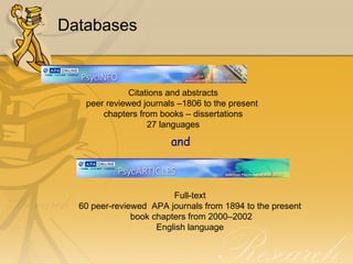 Databases and Citations and abstracts peer reviewed journals –1806 to the present  chapters from books – dissertations 27 languages Full-text  60 peer-reviewed  APA journals from 1894 to the present  book chapters from 2000–2002 English language  