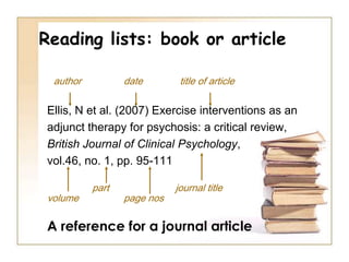 Reading lists: book or articleauthor	                date                          title of book Barnes, R.(1995).  Successful study fordegrees.  2nd ed. London: Routledge.edition 		             publisherA reference for a book