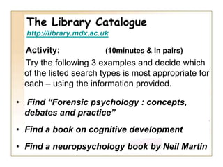 The Library CatalogueThe catalogue includes several different searchtypes.Each is useful depending on the information available to start with.  