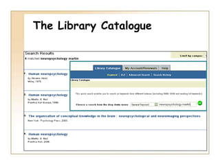 The Library CatalogueBest options would be:-    For the first, where the title is fully    known, use Title A-ZFor the second where a topic is	known, use Title KeywordWhere a part title and author areknown, use General Keyword