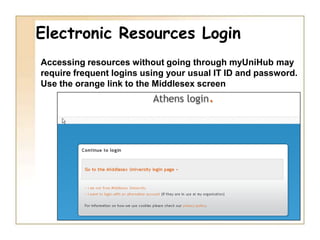 myUniHub for alternative access to the catalogue etc.Logging in here enables access to electronic resources without further authentication.