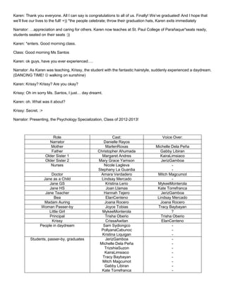 Karen: Thank you everyone. All I can say is congratulations to all of us. Finally! We’ve graduated! And I hope that
we’ll live our lives to the full! =)) *the people celebrate; throw their graduation hats, Karen exits immediately
Narrator: …appreciation and caring for others. Karen now teaches at St. Paul College of Parañaque*seats ready,
students seated on their seats :))
Karen: *enters. Good morning class.
Class: Good morning Ms Santos
Karen: ok guys, have you ever experienced….
Narrator: As Karen was teaching, Krissy, the student with the fantastic hairstyle, suddenly experienced a daydream.
(DANCING TIME!  walking on sunshine)
Karen: Krissy? Krissy? Are you okay?
Krissy: Oh im sorry Ms. Santos, I just… day dreamt.
Karen: oh. What was it about?
Krissy: Secret. :>
Narrator: Presenting, the Psychology Specialization, Class of 2012-2013!

Role
Narrator
Mother
Father
Older Sister 1
Older Sister 2
Nurses
Doctor
Jane as a Child
Jane GS
Jane HS
Jane Teacher
Bea
Madam Auring
Woman Passer-by
Little Girl
Principal
Krissy
People in daydream

Students, passer-by, graduates

Cast:
Danielle Rayos
MarlenRoxas
Christopher Ahumada
Margaret Andres
Mary Grace Yamson
Nicole Lagleva
Stephany La Guardia
Amara Verdadero
Lindsay Mercado
Kristina Lerio
Joan Llamas
Hannah Tejero
ElanCenteno
Joana Rocero
Joyce Tobias
MykeeMonterola
Trisha Oberio
CrissaAwitan
Sam Sydiongco
PollyanaCabunoc
Kristina Liquigan
JerizGamboa
Michelle Dela Peña
TrizshiaSuzon
KairaLimsiaco
Tracy Baybayan
Mitch Magcumot
Gabby Libiran
Kate Torrefranca

Voice Over:
Michelle Dela Peña
Gabby Libiran
KairaLimsiaco
JerizGamboa
Mitch Magcumot
MykeeMonterola
Kate Torrefranca
JerizGamboa
Lindsay Mercado
Joana Rocero
Tracy Baybayan
?
Trisha Oberio
ElanCenteno
-

 