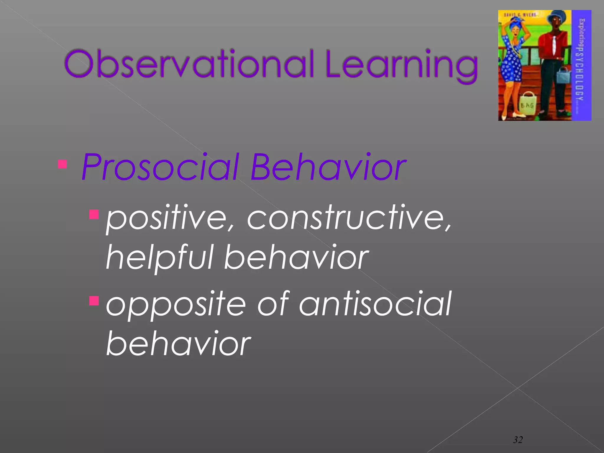  Prosocial Behavior
positive, constructive,
helpful behavior
opposite of antisocial
behavior
32
 