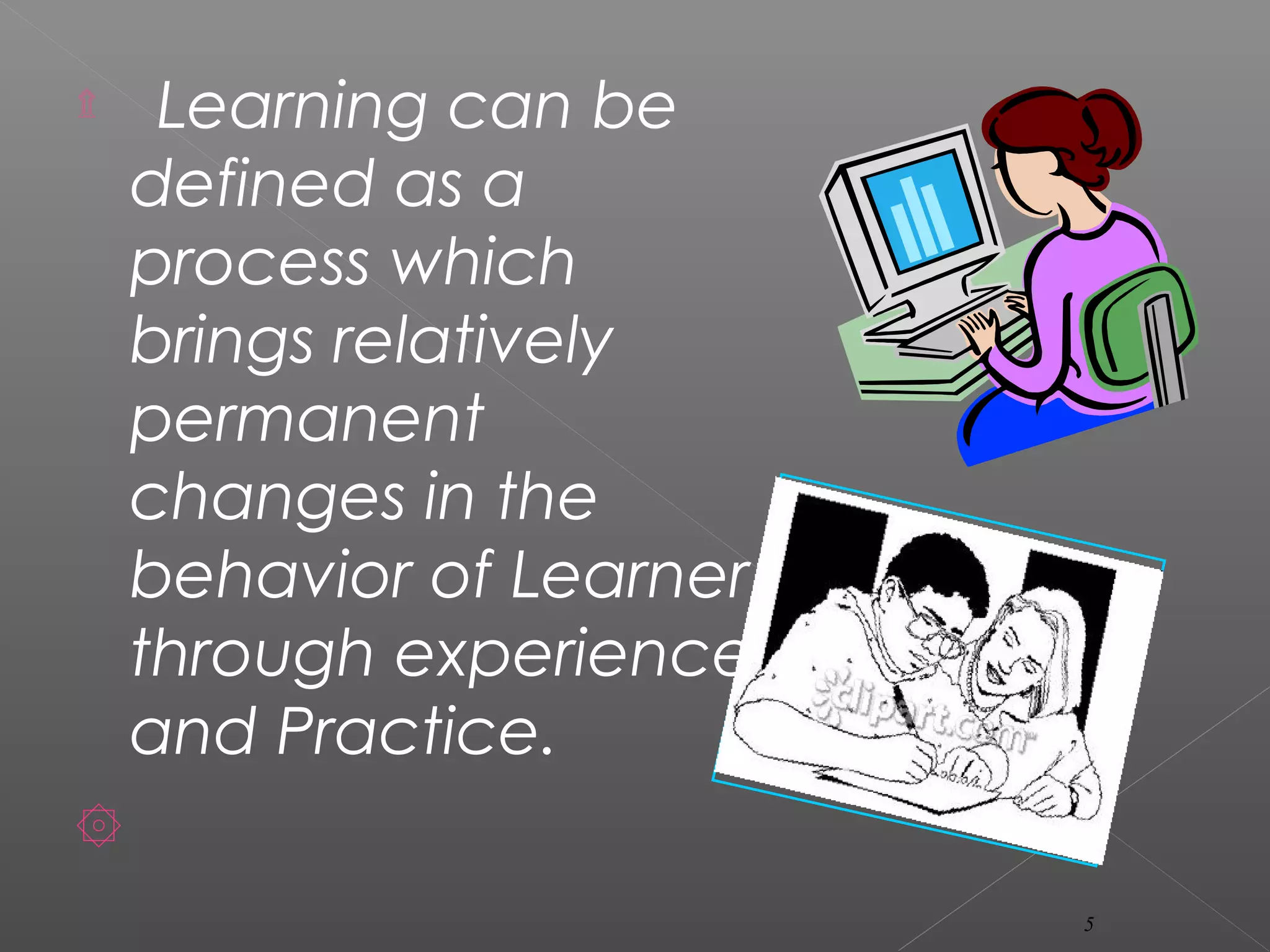 ۩ Learning can be
defined as a
process which
brings relatively
permanent
changes in the
behavior of Learner
through experience
and Practice.
۞
5
 