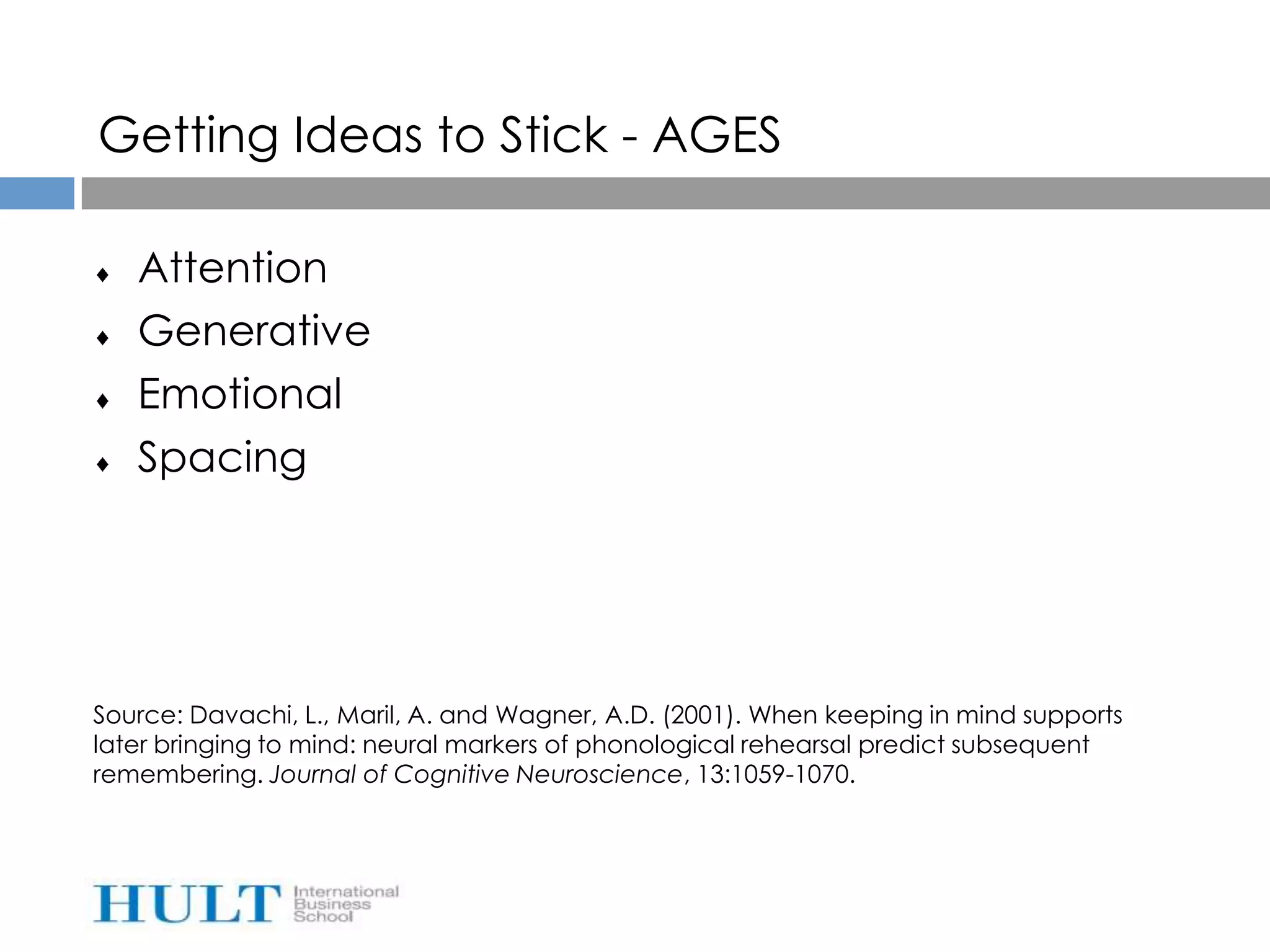 Getting Ideas to Stick - AGES

   Attention
   Generative
   Emotional
   Spacing




Source: Davachi, L., Maril, A. and Wagner, A.D. (2001). When keeping in mind supports
later bringing to mind: neural markers of phonological rehearsal predict subsequent
remembering. Journal of Cognitive Neuroscience, 13:1059-1070.
 