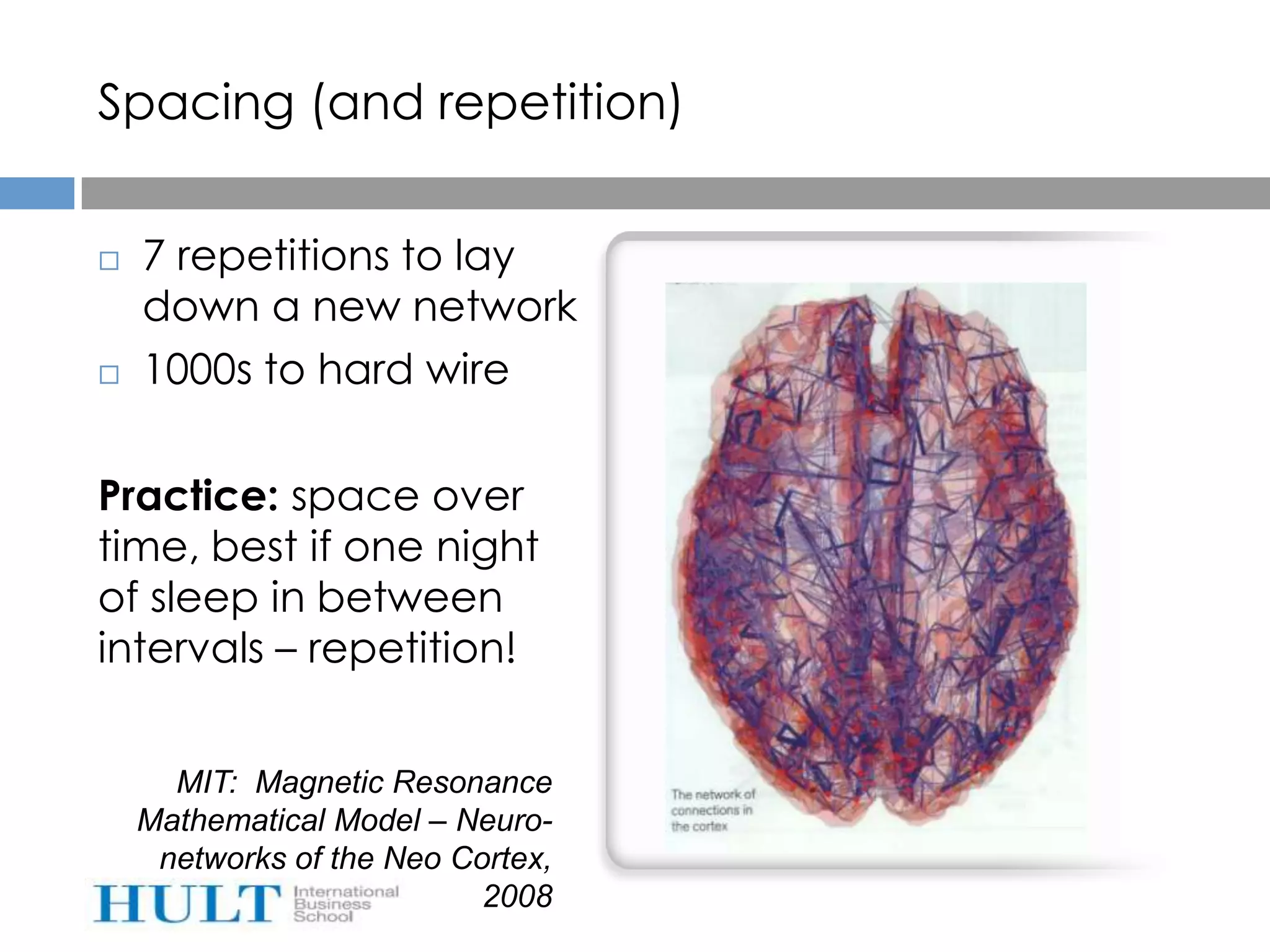Spacing (and repetition)


   7 repetitions to lay
    down a new network
   1000s to hard wire

Practice: space over
time, best if one night
of sleep in between
intervals – repetition!


      MIT: Magnetic Resonance
    Mathematical Model – Neuro-
     networks of the Neo Cortex,
                           2008
 
