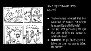 How is Self-Verification Theory
portrayed:
● The boy believe in himself that they
can defeat the monster. But the girl
is not confident with his belief.
● The guy kept persuading the girl
that they can defeat the monster as
what he believed.
● Outcome: The girl finally agreed to
follow the other two guys to defeat
the monster.
 