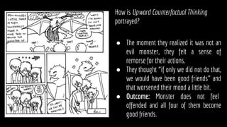 How is Upward Counterfactual Thinking
portrayed?
● The moment they realized it was not an
evil monster, they felt a sense of
remorse for their actions.
● They thought “if only we did not do that,
we would have been good friends” and
that worsened their mood a little bit.
● Outcome: Monster does not feel
offended and all four of them become
good friends.
 