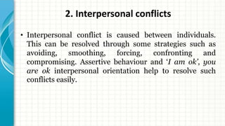 2. Interpersonal conflicts
• Interpersonal conflict is caused between individuals.
This can be resolved through some strategies such as
avoiding, smoothing, forcing, confronting and
compromising. Assertive behaviour and ‘I am ok’, you
are ok interpersonal orientation help to resolve such
conflicts easily.
 