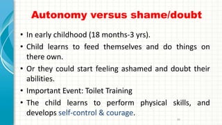 Autonomy versus shame/doubt
• In early childhood (18 months-3 yrs).
• Child learns to feed themselves and do things on
there own.
• Or they could start feeling ashamed and doubt their
abilities.
• Important Event: Toilet Training
• The child learns to perform physical skills, and
develops self-control & courage.
89
 