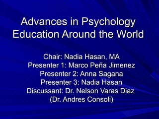 Advances in Psychology Education Around the World Chair: Nadia Hasan, MA Presenter 1: Marco Pe ñ a Jimenez Presenter 2: Anna Sagana Presenter 3: Nadia Hasan Discussant: Dr. Nelson Varas Diaz  (Dr. Andres Consoli) 