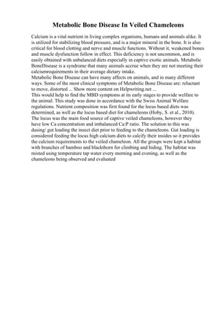 Metabolic Bone Disease In Veiled Chameleons
Calcium is a vital nutrient in living complex organisms, humans and animals alike. It
is utilized for stabilizing blood pressure, and is a major mineral in the bone. It is also
critical for blood clotting and nerve and muscle functions. Without it, weakened bones
and muscle dysfunction follow in effect. This deficiency is not uncommon, and is
easily obtained with unbalanced diets especially in captive exotic animals. Metabolic
BoneDisease is a syndrome that many animals accrue when they are not meeting their
calciumrequirements in their average dietary intake.
Metabolic Bone Disease can have many affects on animals, and in many different
ways. Some of the most clinical symptoms of Metabolic Bone Disease are: reluctant
to move, distorted ... Show more content on Helpwriting.net ...
This would help to find the MBD symptoms at its early stages to provide welfare to
the animal. This study was done in accordance with the Swiss Animal Welfare
regulations. Nutrient composition was first found for the locus based diets was
determined, as well as the locus based diet for chameleons (Hoby, S. et al., 2010).
The locus was the main food source of captive veiled chameleons, however they
have low Ca concentration and imbalanced Ca:P ratio. The solution to this was
dusing/ gut loading the insect diet prior to feeding to the chameleons. Gut loading is
considered feeding the locus high calcium diets to calcify their insides so it provides
the calcium requirements to the veiled chameleon. All the groups were kept a habitat
with branches of bamboo and blackthorn for climbing and hiding. The habitat was
misted using temperature tap water every morning and evening, as well as the
chameleons being observed and evaluated
 