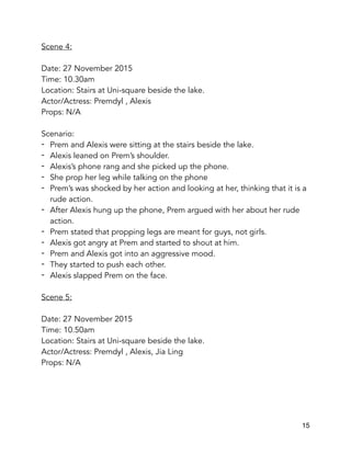 Scene 4:
Date: 27 November 2015
Time: 10.30am
Location: Stairs at Uni-square beside the lake.
Actor/Actress: Premdyl , Alexis
Props: N/A
Scenario:
- Prem and Alexis were sitting at the stairs beside the lake.
- Alexis leaned on Prem’s shoulder.
- Alexis’s phone rang and she picked up the phone.
- She prop her leg while talking on the phone
- Prem’s was shocked by her action and looking at her, thinking that it is a
rude action.
- After Alexis hung up the phone, Prem argued with her about her rude
action.
- Prem stated that propping legs are meant for guys, not girls.
- Alexis got angry at Prem and started to shout at him.
- Prem and Alexis got into an aggressive mood.
- They started to push each other.
- Alexis slapped Prem on the face.
Scene 5:
Date: 27 November 2015
Time: 10.50am
Location: Stairs at Uni-square beside the lake.
Actor/Actress: Premdyl , Alexis, Jia Ling
Props: N/A
15
 