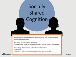 @mrjoe
Socially
Shared
Cognition
Both interaction and mental models rely on a concept from Social Psychology.
Socially sha...