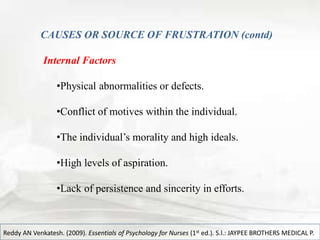 CAUSES OR SOURCE OF FRUSTRATION (contd)
Internal Factors
•Physical abnormalities or defects.
•Conflict of motives within t...