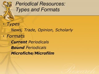 Periodical Resources:  Types and Formats Types News, Trade, Opinion, Scholarly Formats Current  Periodicals Bound  Periodicals Microfiche / Microfilm 