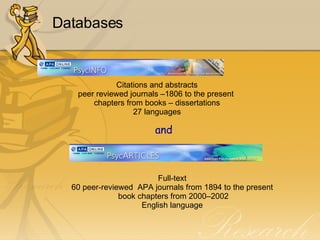 Databases and Citations and abstracts peer reviewed journals –1806 to the present  chapters from books – dissertations 27 languages Full-text  60 peer-reviewed  APA journals from 1894 to the present  book chapters from 2000–2002 English language  