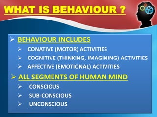 WHAT IS BEHAVIOUR ?
 BEHAVIOUR INCLUDES
 CONATIVE (MOTOR) ACTIVITIES
 COGNITIVE (THINKING, IMAGINING) ACTIVITIES
 AFFECTIVE (EMOTIONAL) ACTIVITIES
 ALL SEGMENTS OF HUMAN MIND
 CONSCIOUS
 SUB-CONSCIOUS
 UNCONSCIOUS
 