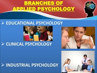  EDUCATIONAL PSYCHOLOGY
 CLINICAL PSYCHOLOGY
 INDUSTRIAL PSYCHOLOGY
BRANCHES OF
APPLIED PSYCHOLOGY
 