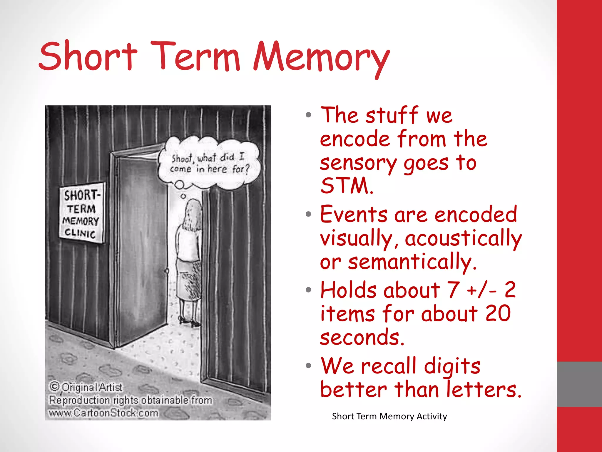 Short Term Memory
• The stuff we
encode from the
sensory goes to
STM.
• Events are encoded
visually, acoustically
or semantically.
• Holds about 7 +/- 2
items for about 20
seconds.
• We recall digits
better than letters.
Short Term Memory Activity
 