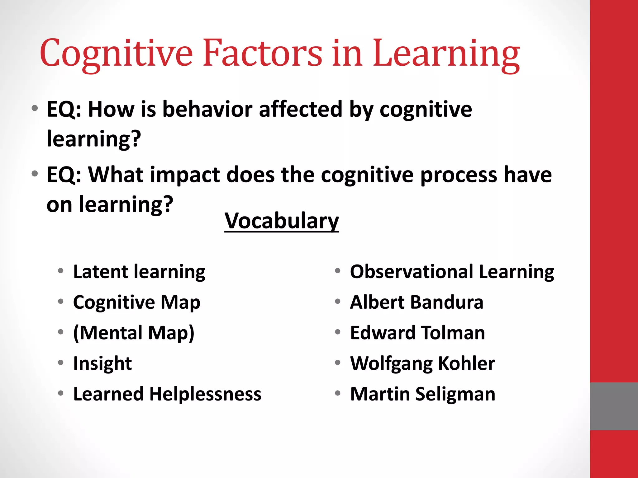 Cognitive Factors in Learning
• EQ: How is behavior affected by cognitive
learning?
• EQ: What impact does the cognitive process have
on learning?
• Latent learning
• Cognitive Map
• (Mental Map)
• Insight
• Learned Helplessness
• Observational Learning
• Albert Bandura
• Edward Tolman
• Wolfgang Kohler
• Martin Seligman
Vocabulary
 