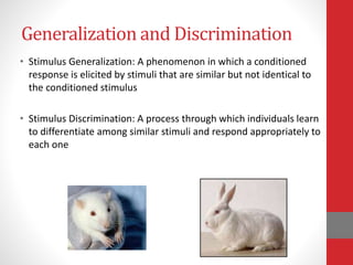 Generalization and Discrimination
• Stimulus Generalization: A phenomenon in which a conditioned
response is elicited by stimuli that are similar but not identical to
the conditioned stimulus
• Stimulus Discrimination: A process through which individuals learn
to differentiate among similar stimuli and respond appropriately to
each one
 