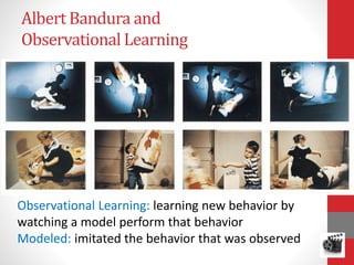 Albert Bandura and
Observational Learning
Observational Learning: learning new behavior by
watching a model perform that behavior
Modeled: imitated the behavior that was observed
 